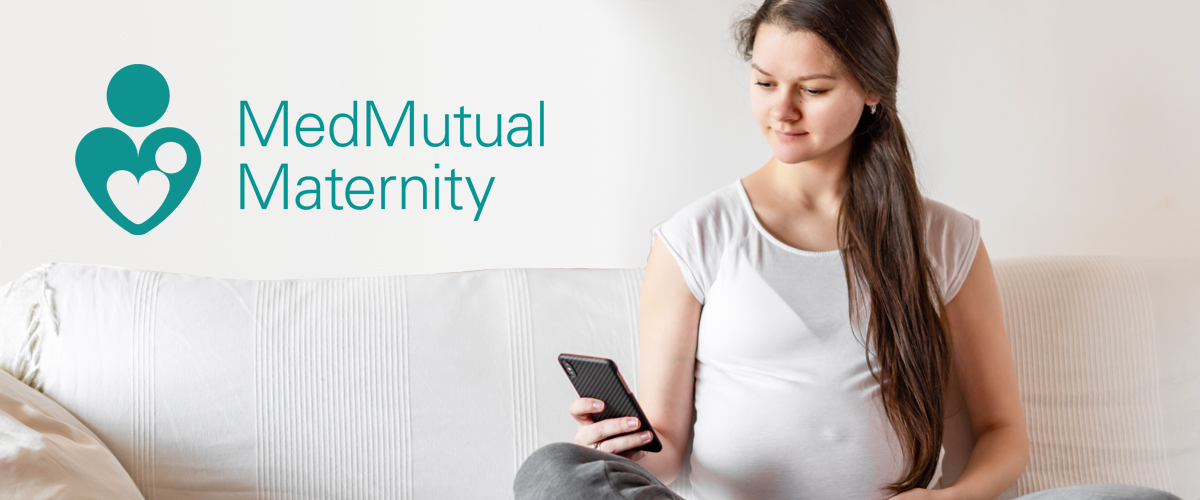 A pregnant woman sitting on the couch, looking at her phone with a text overlay that reads, "MedMutual Maternity.".